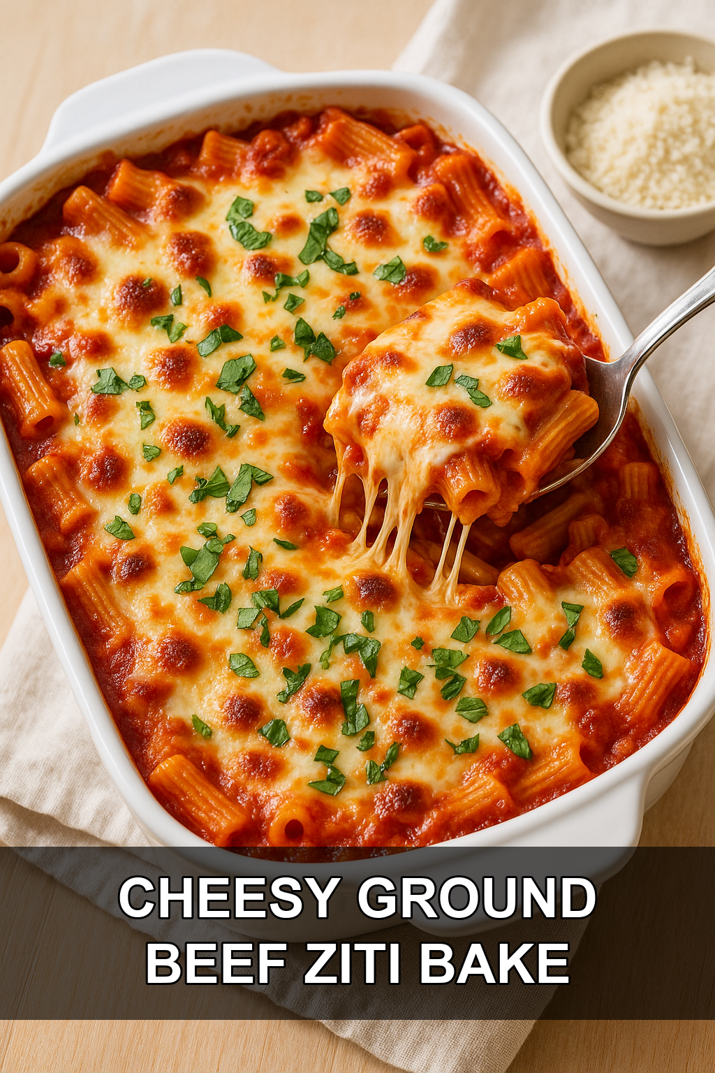 Baked Ground Beef Ziti with Bubbling Mozzarella and Marinara