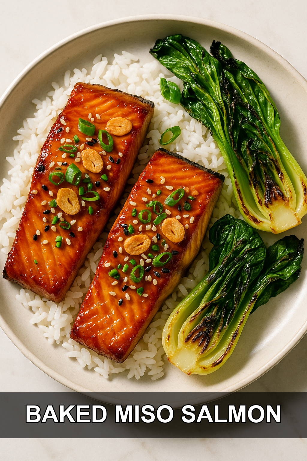 Baked Miso Salmon with Charred Bok Choy and Crispy Garlic Chips