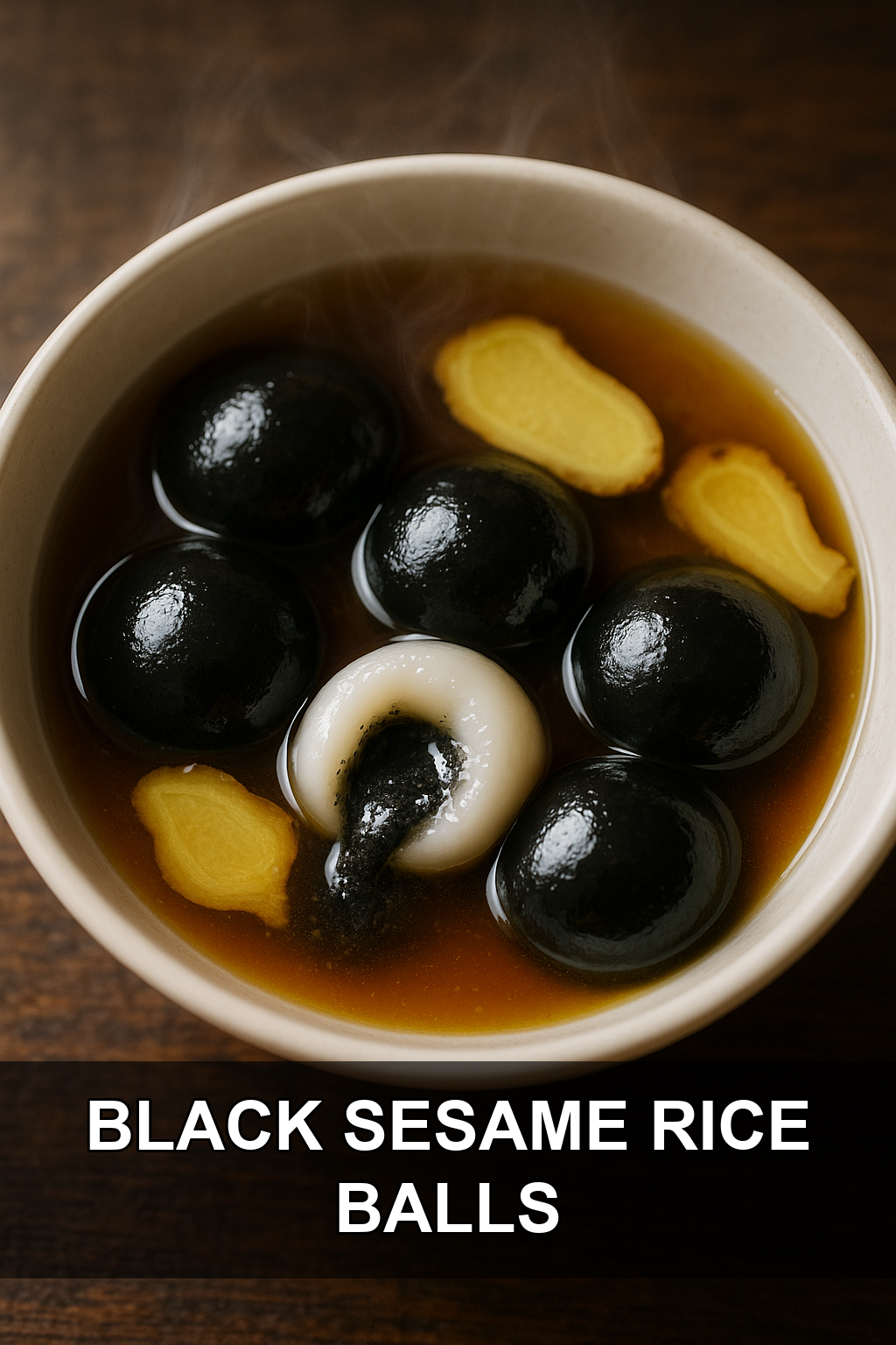 Black Sesame Sticky Rice Balls with Warm Ginger Syrup