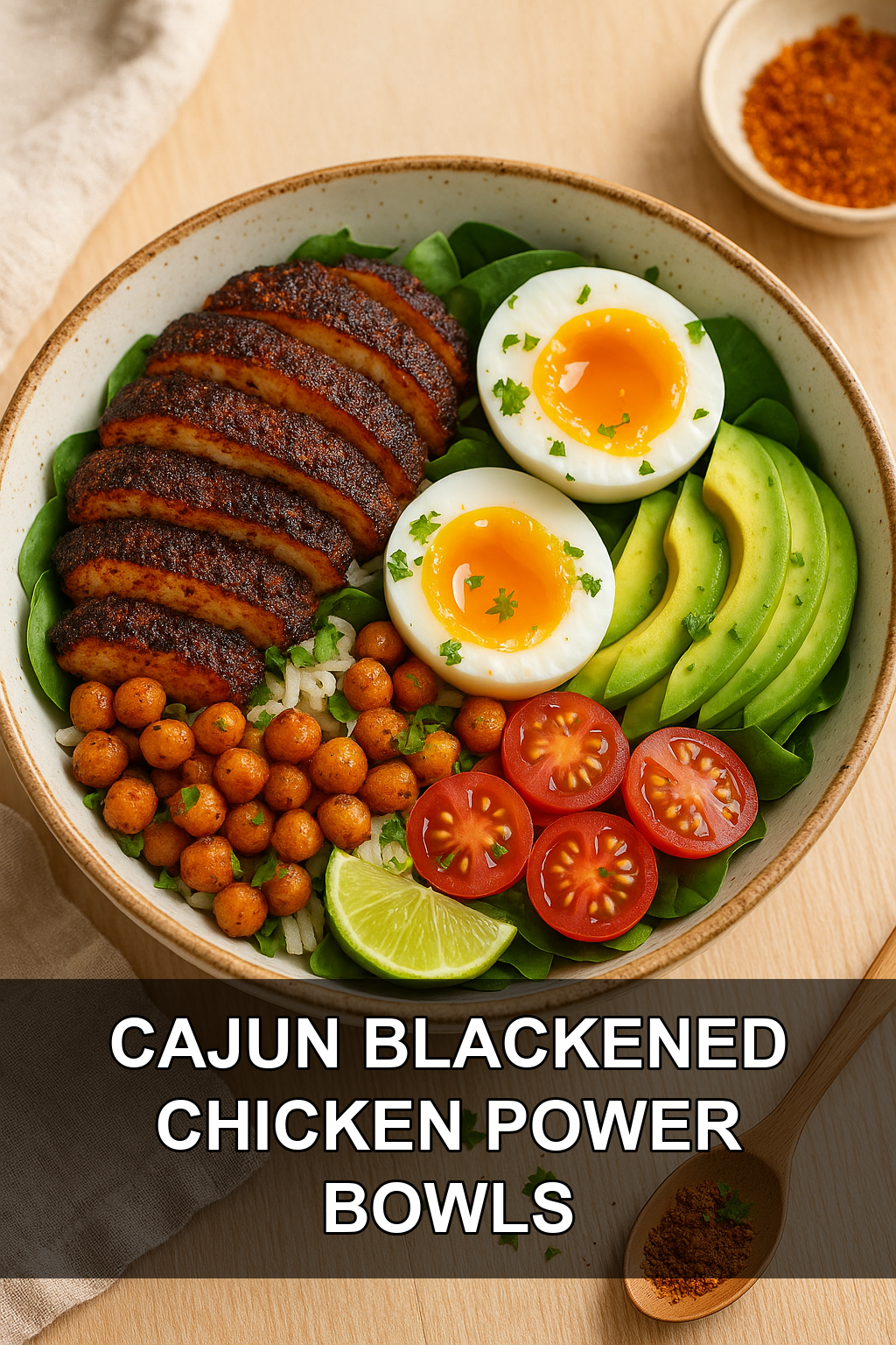Cajun Blackened Chicken and Egg Power Bowls with Crispy Roasted Chickpeas