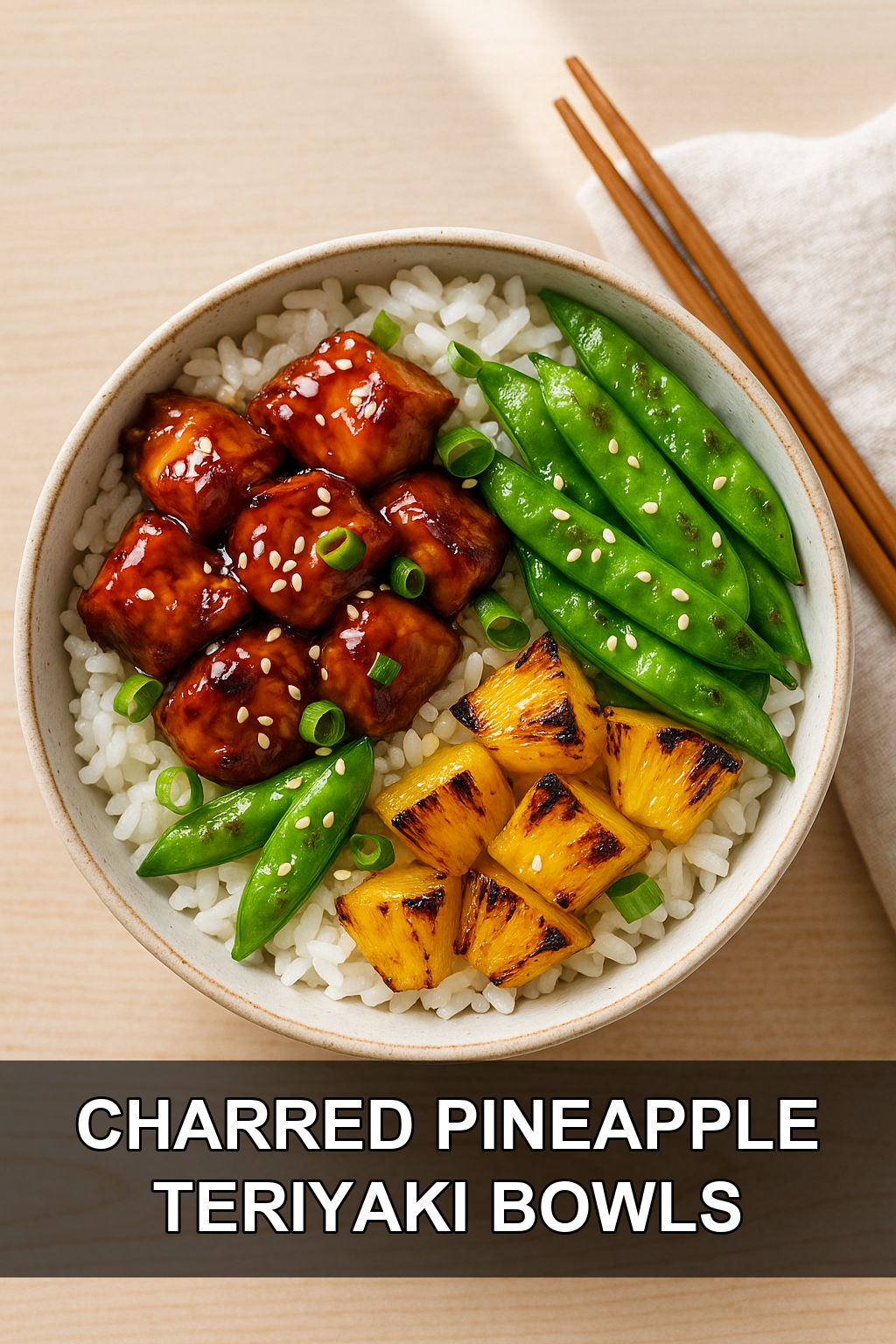 Charred Pineapple Teriyaki Chicken Bowls with Crispy Sesame Snap Peas