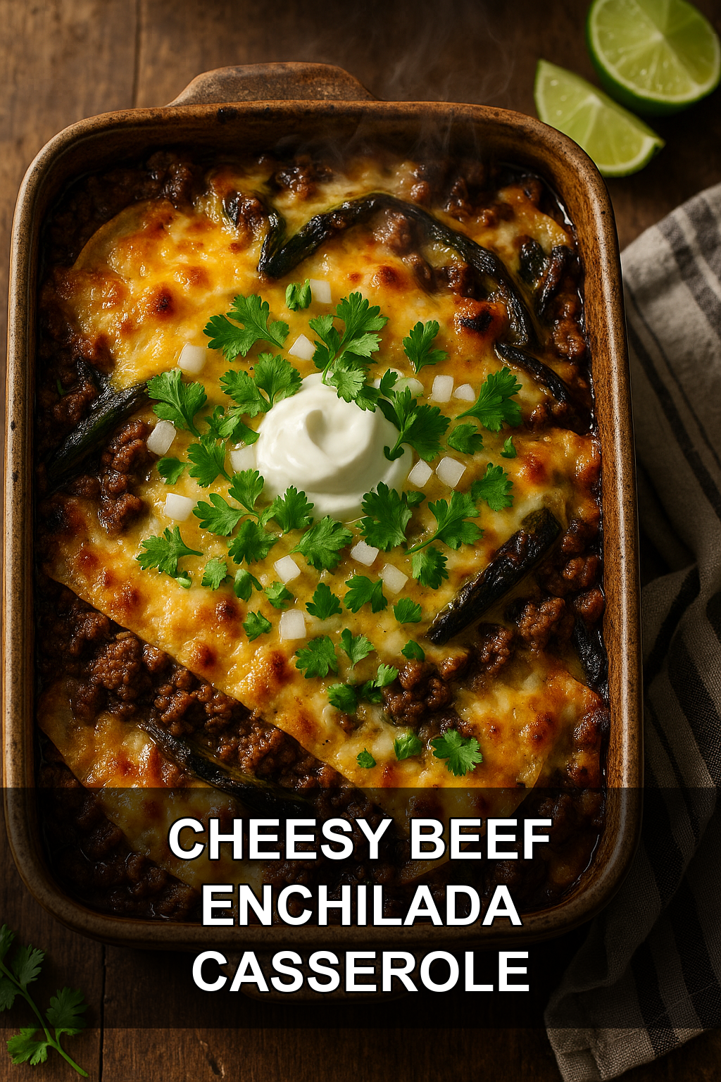 Cheesy Beef Enchilada Casserole with Charred Poblano and Melted Jack Cheese