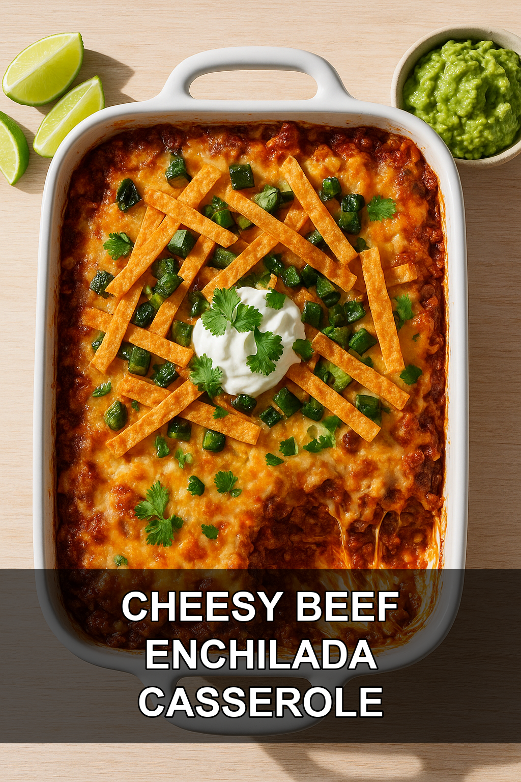 Cheesy Beef Enchilada Casserole with Charred Poblanos and Crispy Tortilla Strips