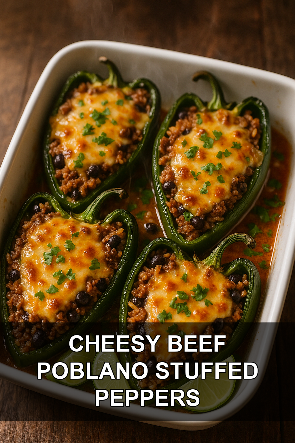 Cheesy Beef and Poblano Stuffed Peppers with Cilantro Lime Rice