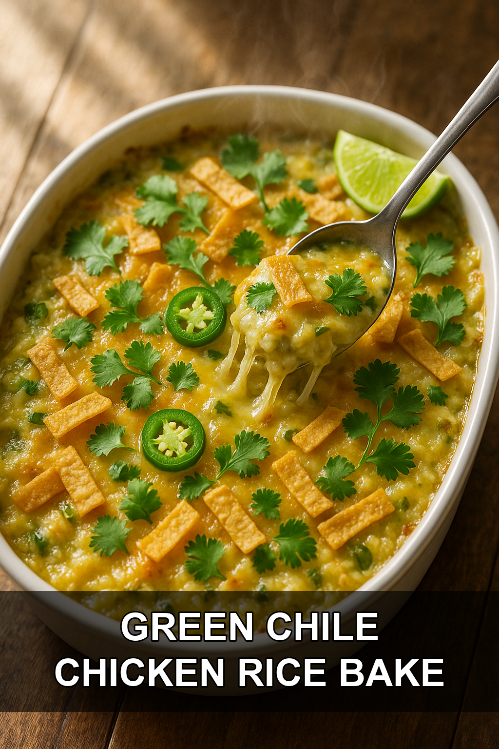 Cheesy Green Chile Chicken and Rice Casserole with Crispy Tortilla Topping
