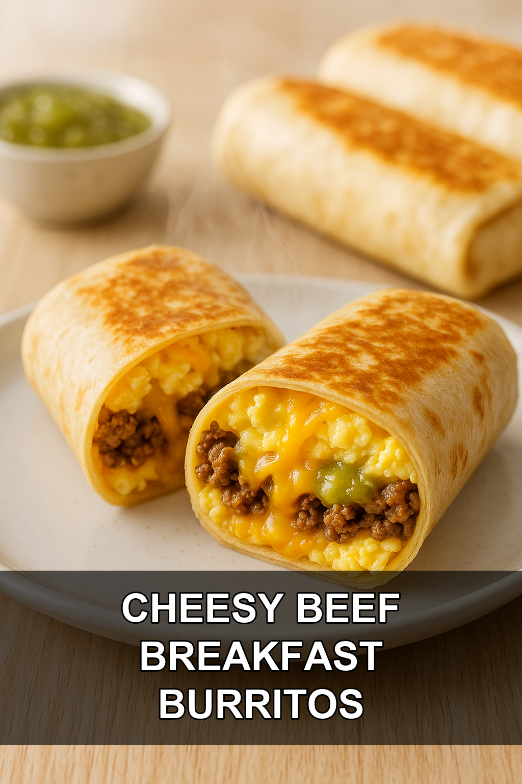 Cheesy Ground Beef Breakfast Burritos with Scrambled Eggs and Salsa Verde