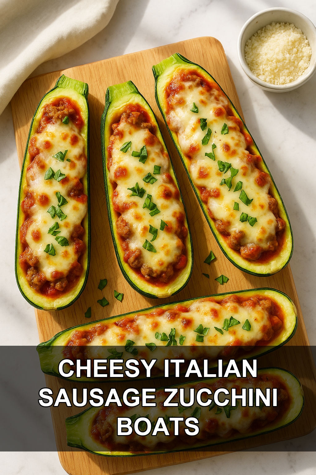 Cheesy Stuffed Zucchini Boats with Italian Sausage and Melted Mozzarella