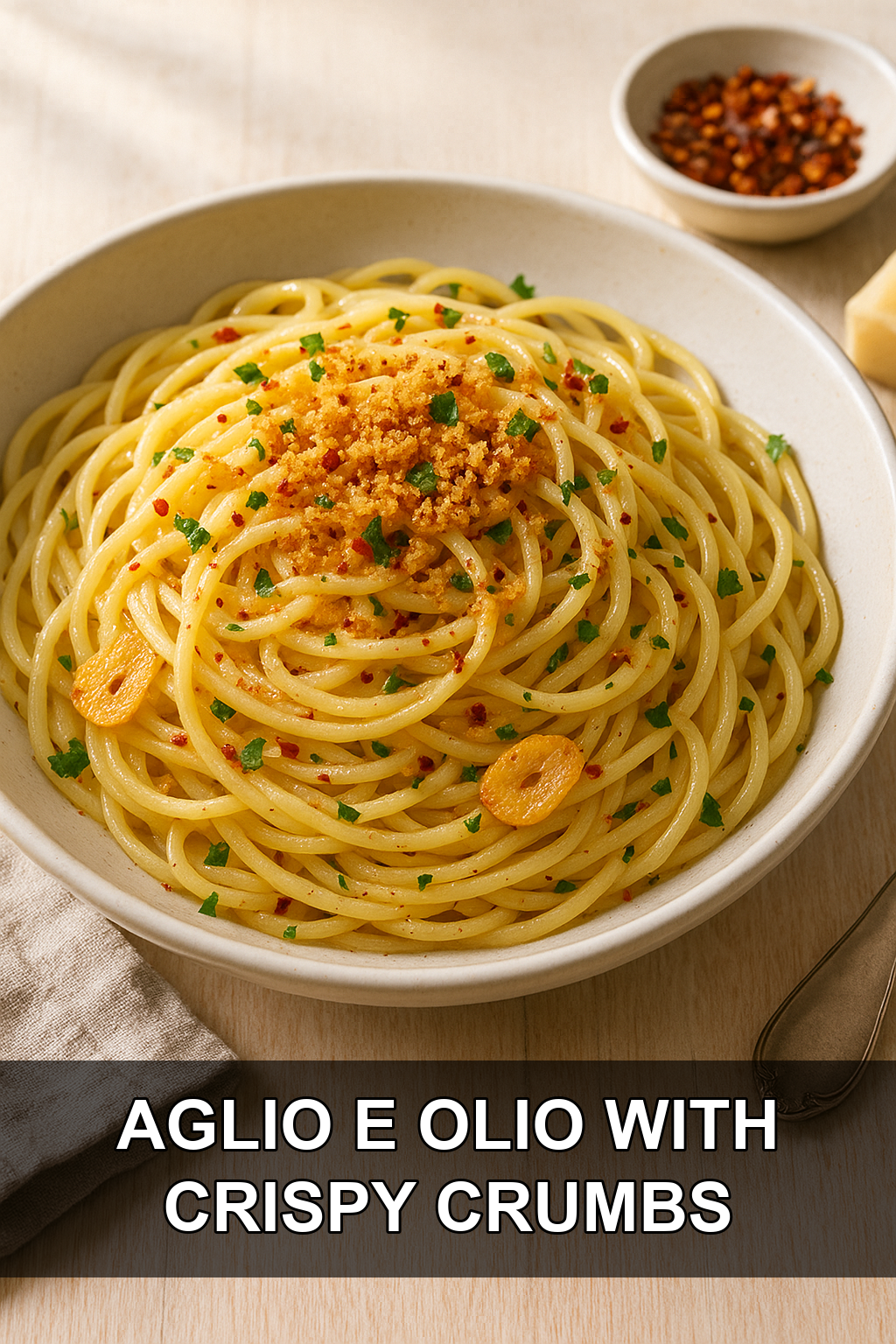Classic Aglio e Olio with Crispy Toasted Breadcrumbs and Chili Flakes