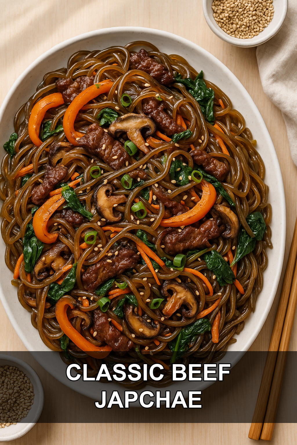 Classic Beef Japchae with Glossy Sweet Potato Noodles and Charred Vegetables