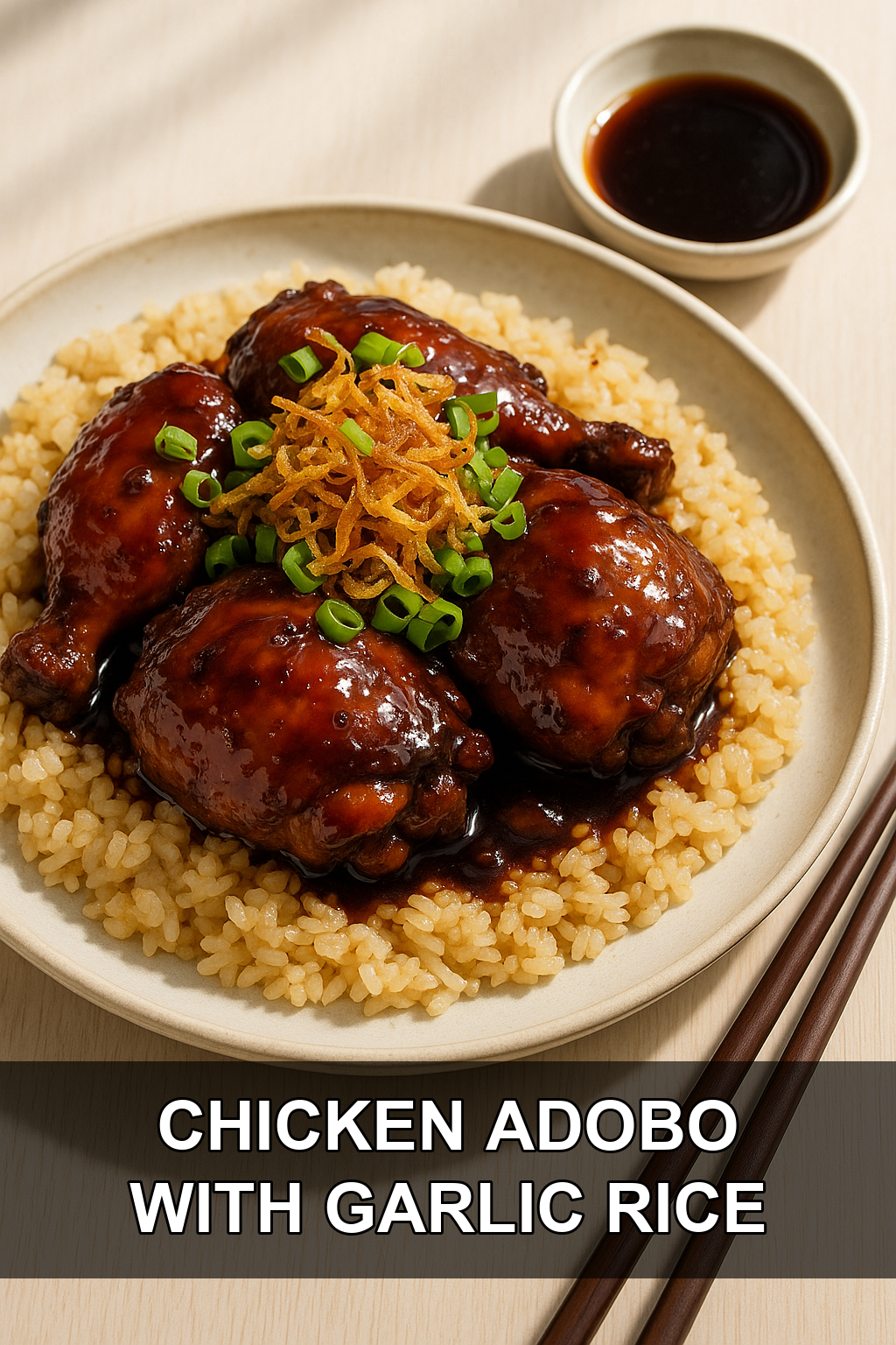 Classic Filipino Chicken Adobo with Garlic Rice and Crispy Fried Shallots