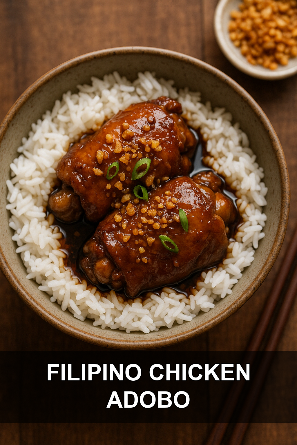 Classic Filipino Chicken Adobo with Steamed Jasmine Rice and Crispy Garlic Bits