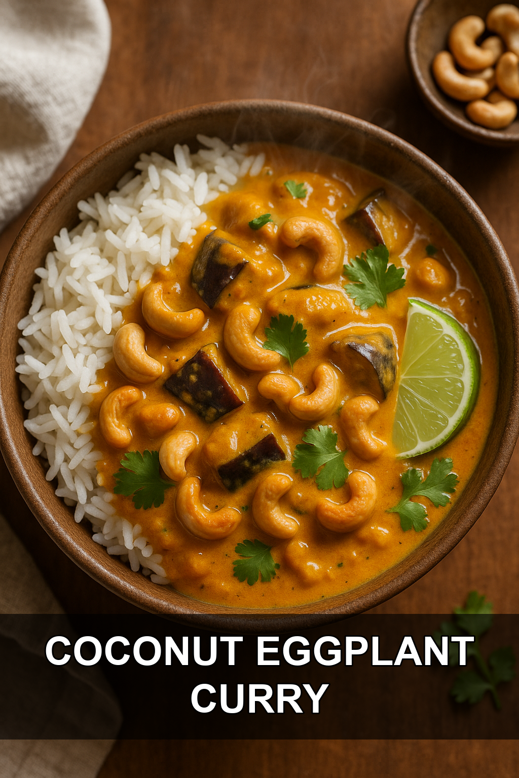 Coconut Eggplant Curry with Toasted Cashews and Basmati Rice