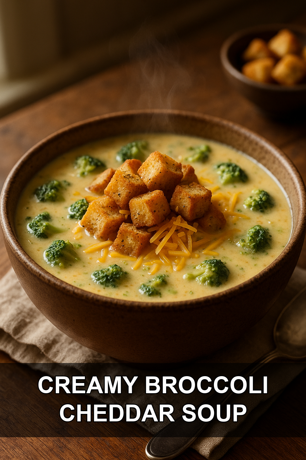 Creamy Broccoli Cheddar Soup with Toasted Garlic Croutons