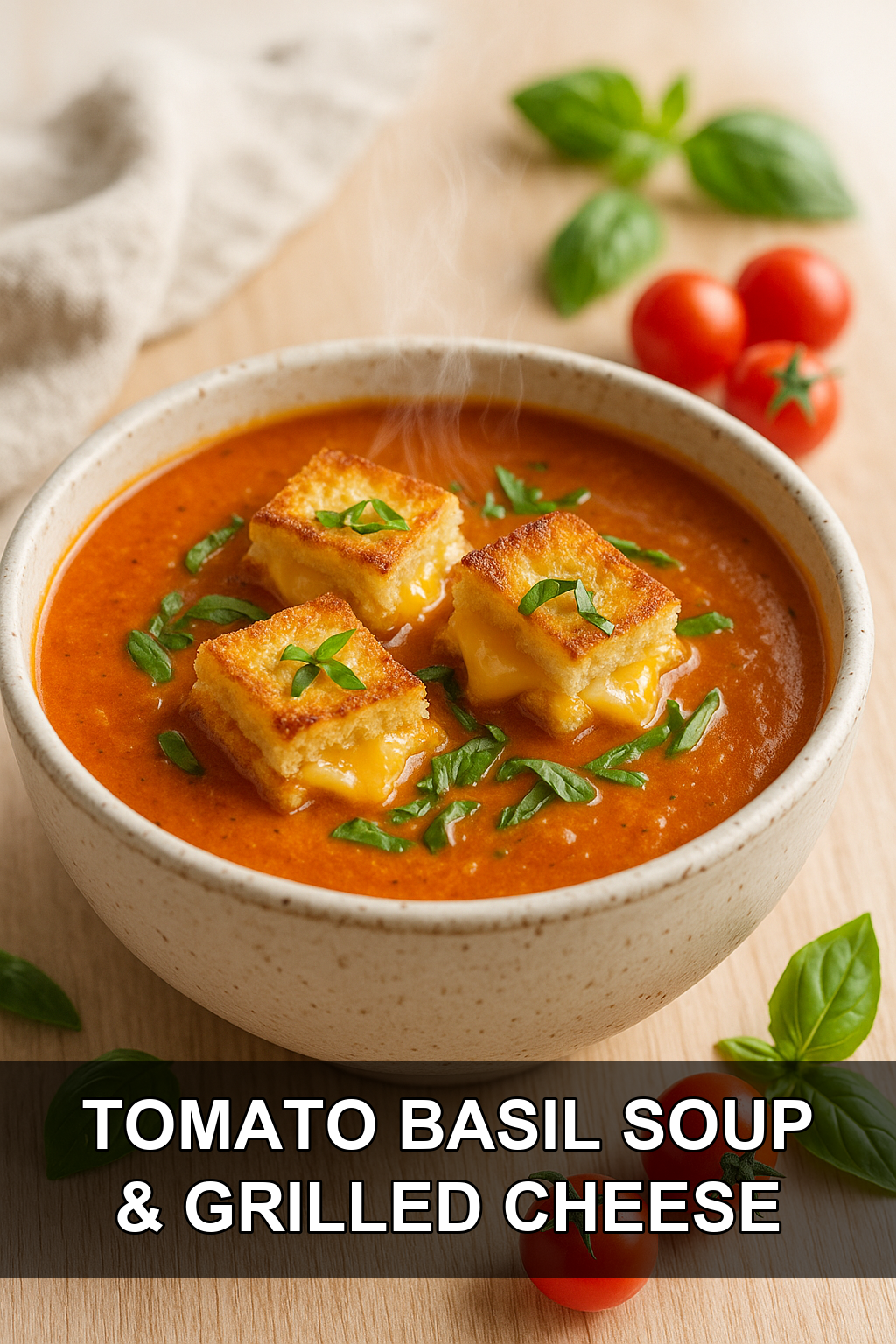 Creamy Roasted Tomato Basil Soup with Crispy Grilled Cheese Croutons