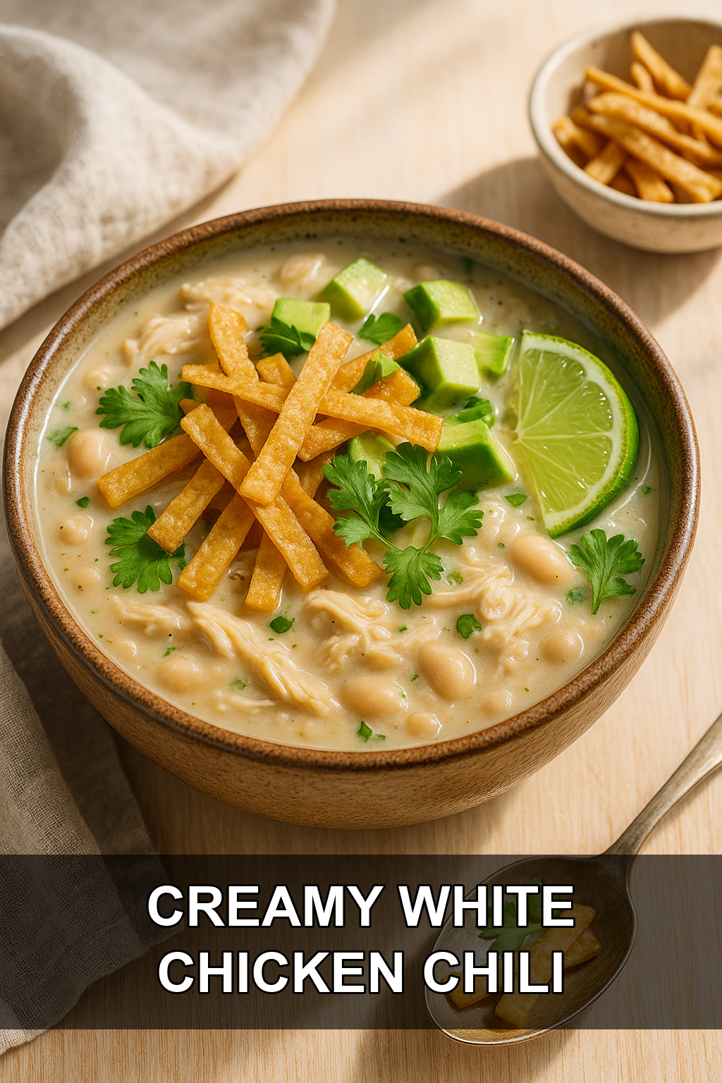 Creamy White Chicken Chili with Roasted Poblanos and Crispy Tortilla Strips