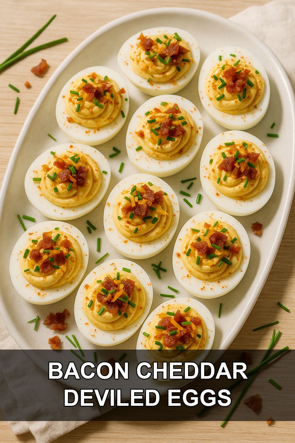 Crispy Bacon and Chive Deviled Eggs with Smoked Cheddar