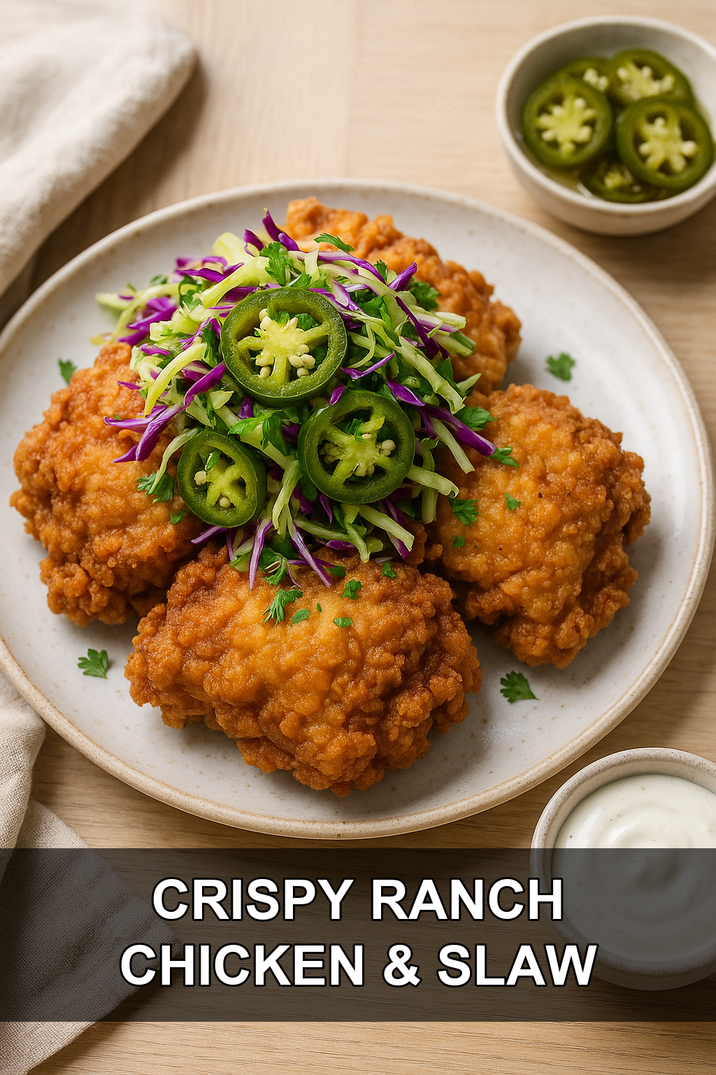 Crispy Buttermilk Ranch Chicken Thighs with Pickled Jalapeño Slaw