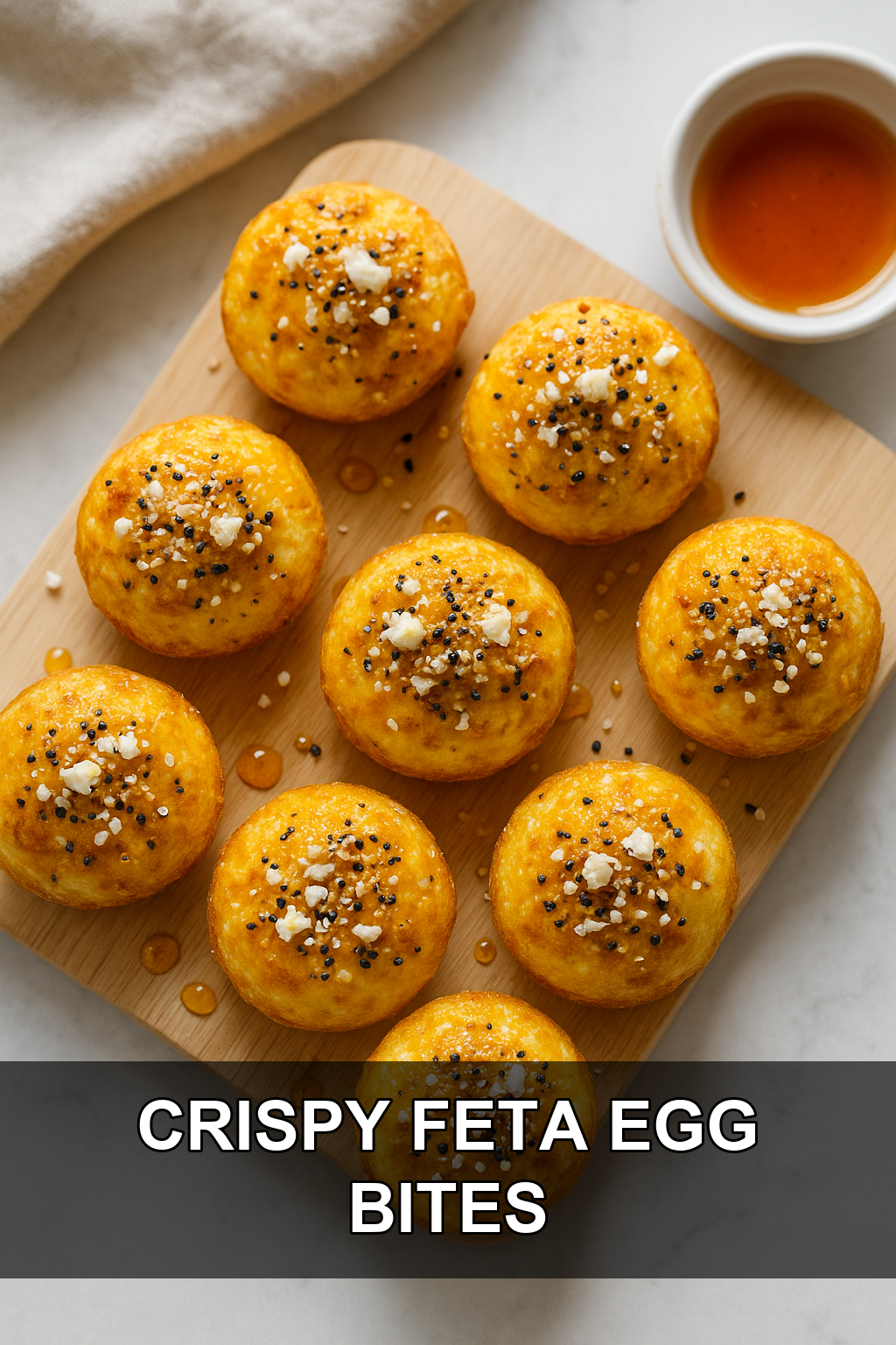 Crispy Feta Egg Bites with Hot Honey and Everything Bagel Seasoning