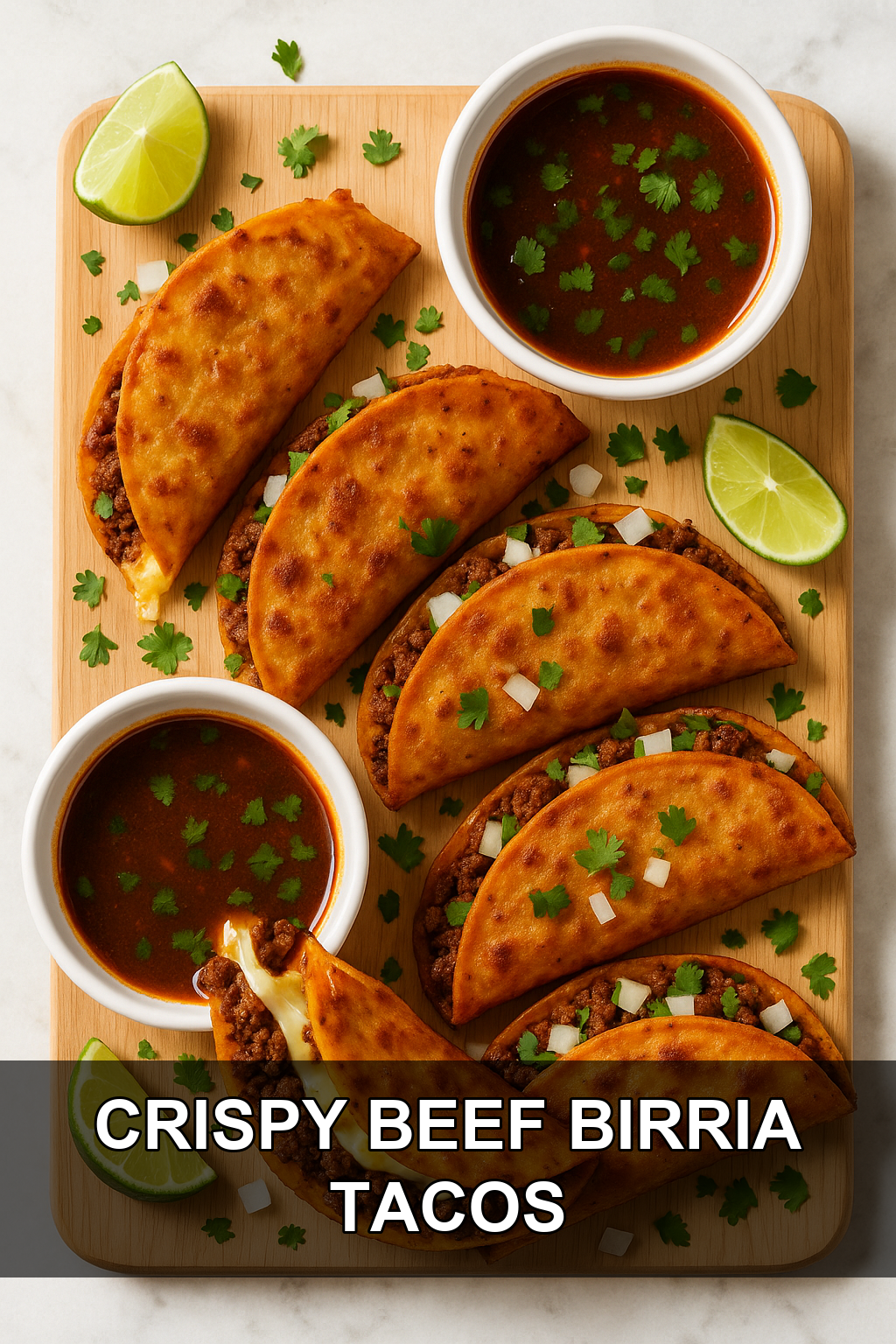 Crispy Ground Beef Birria Tacos with Melted Cheese and Consommé