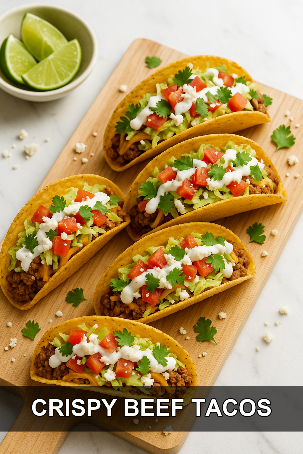 Crispy Ground Beef Tacos with Zesty Lime Crema and Cotija Cheese