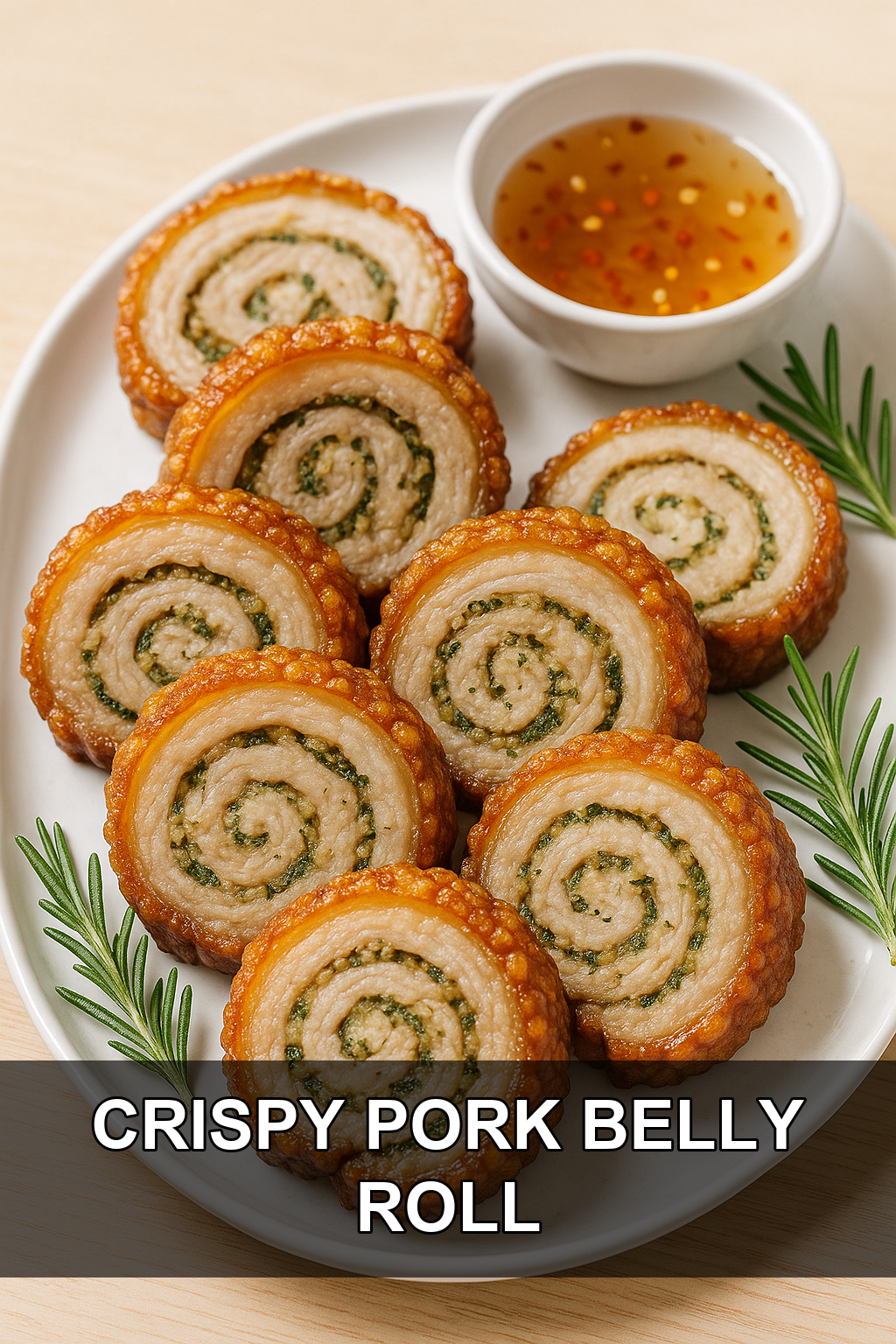 Crispy Pork Belly Roll with Garlic Herb Stuffing and Tangy Vinegar Dip