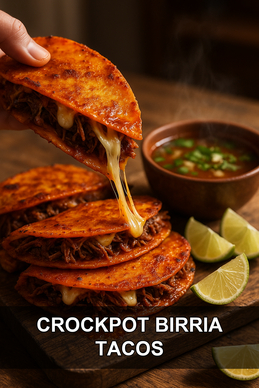 Crockpot Birria Tacos with Melty Cheese and Dipping Consommé