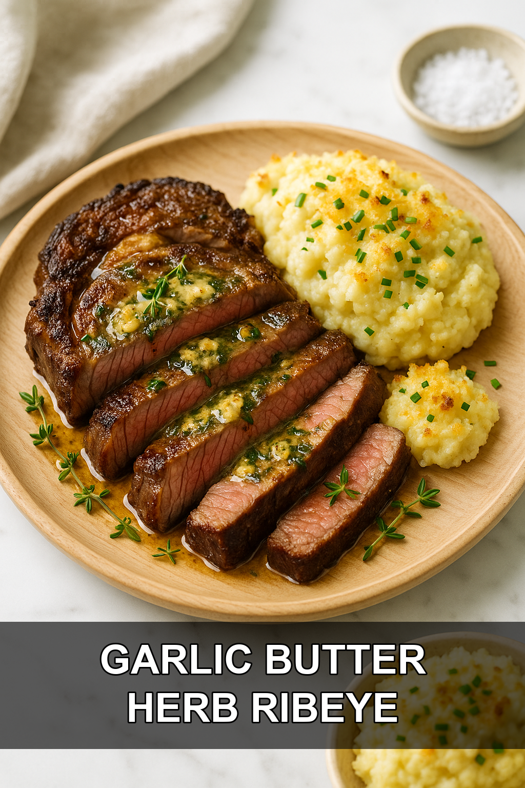 Garlic Butter Herb Ribeye with Crispy Parmesan Cauliflower Mash