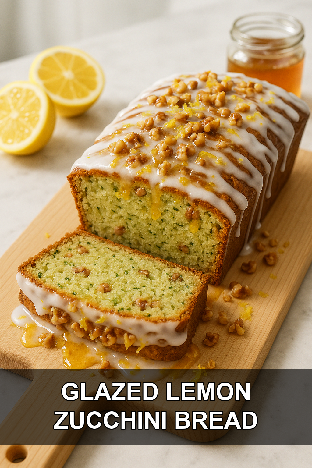 Glazed Lemon Zucchini Bread with Toasted Walnuts and Honey Drizzle