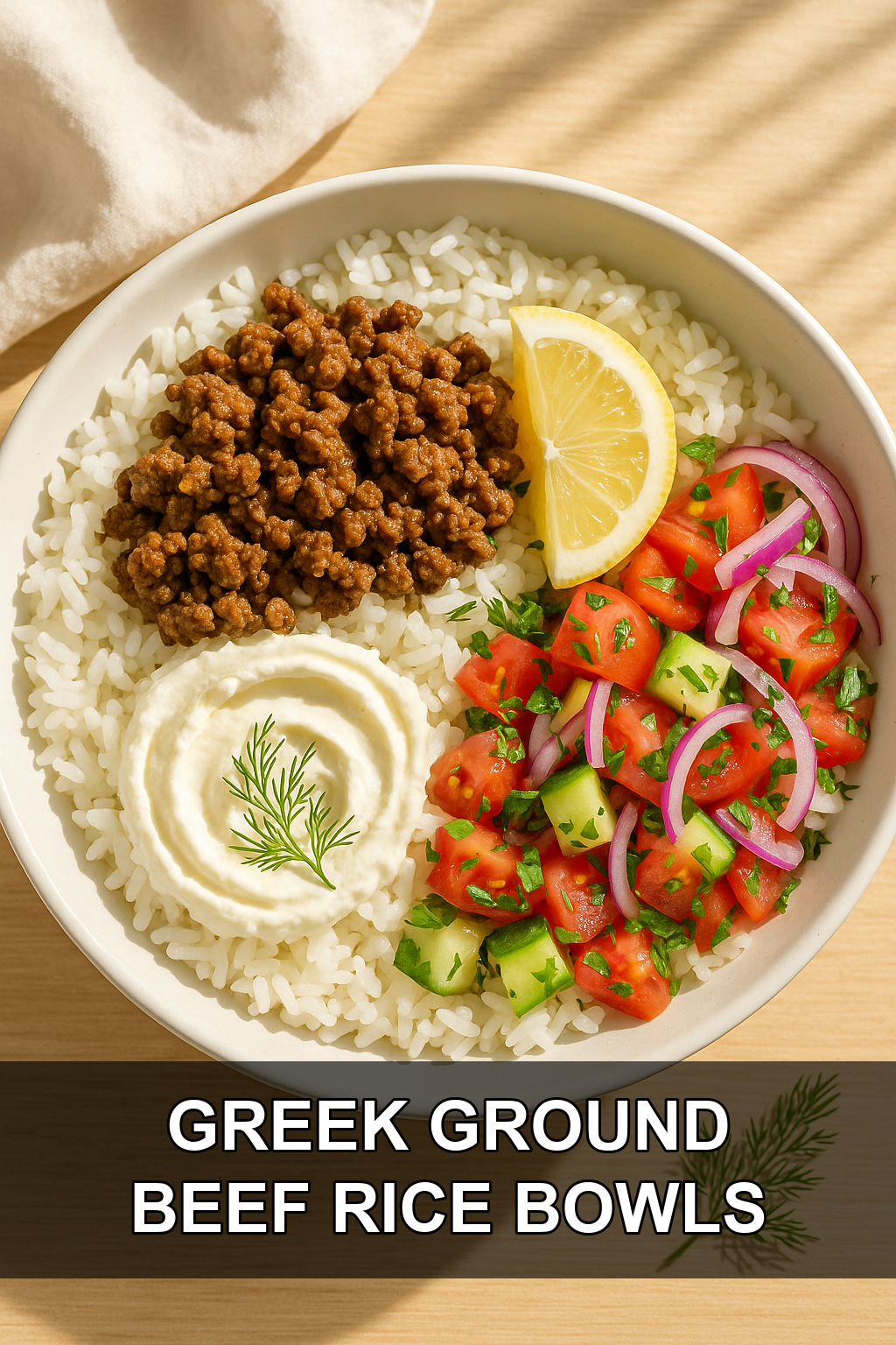 Greek Ground Beef Rice Bowls with Whipped Feta and Cucumber Tomato Salad