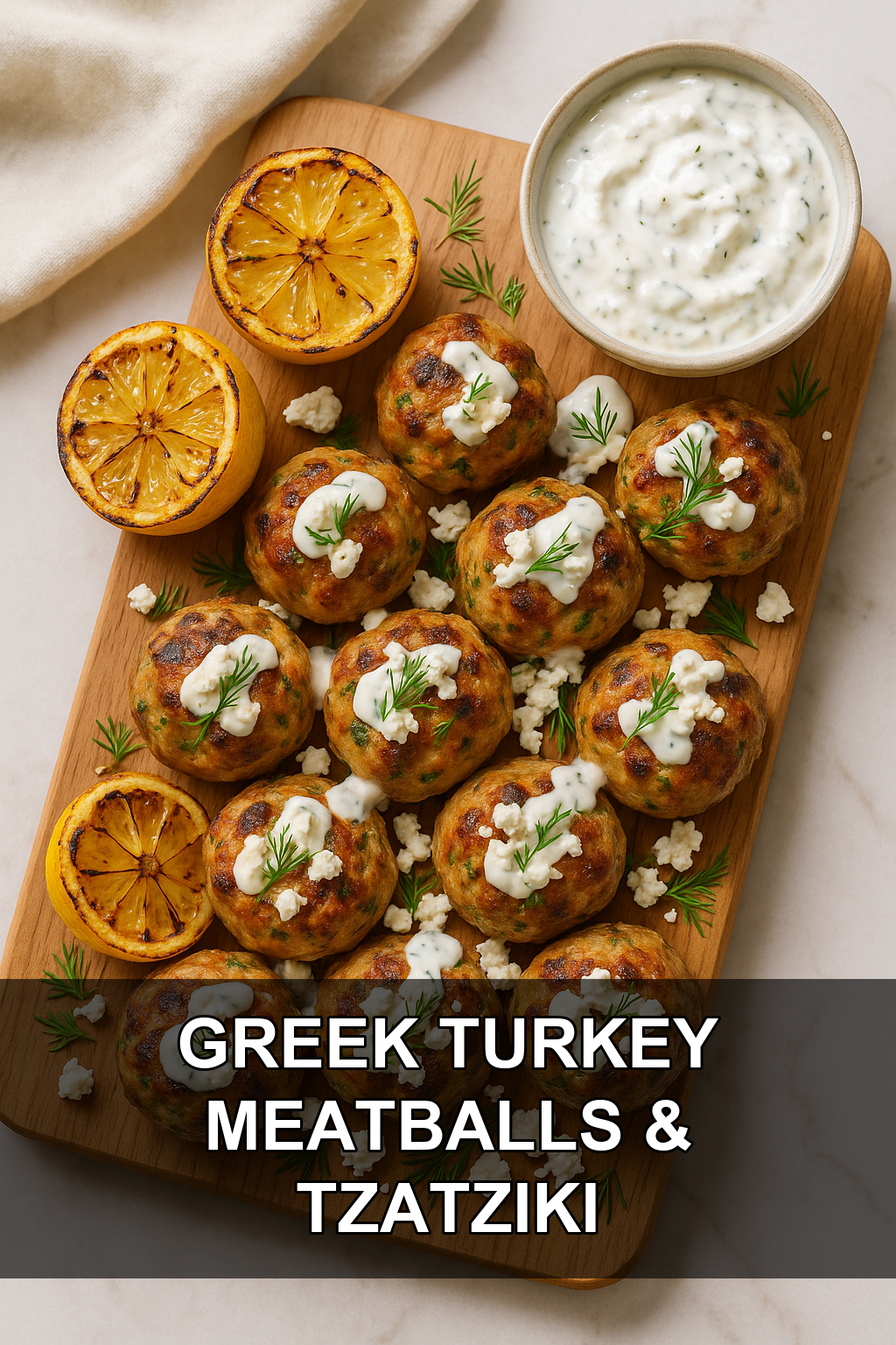 Greek Turkey Meatballs with Creamy Tzatziki and Charred Lemon