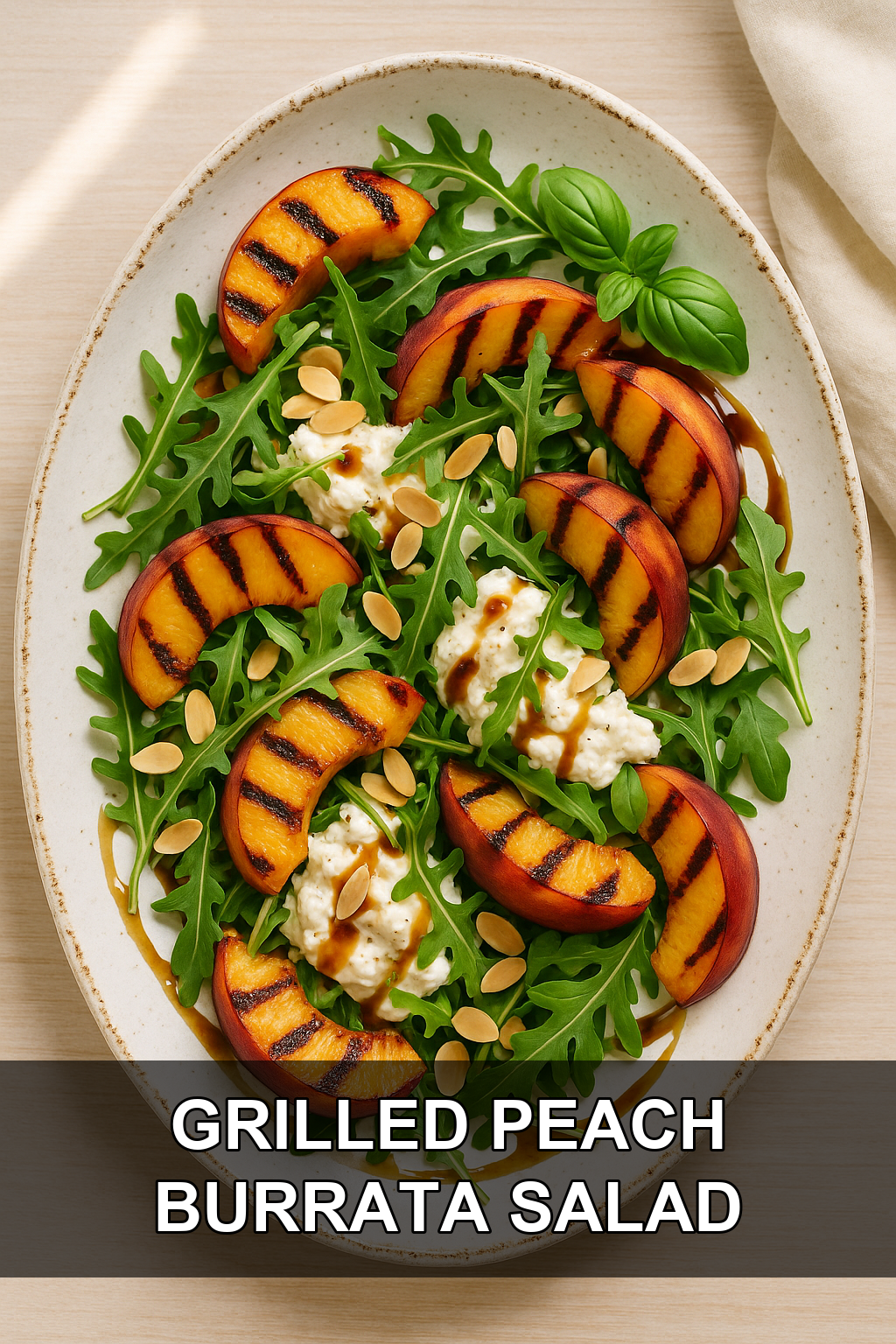 Grilled Peach and Burrata Salad with Toasted Almonds and Honey Balsamic Drizzle