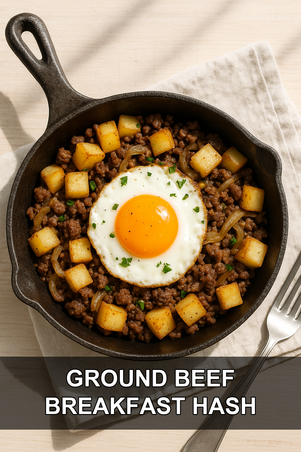 Ground Beef Breakfast Hash with Sunny-Side-Up Eggs and Crispy Potatoes