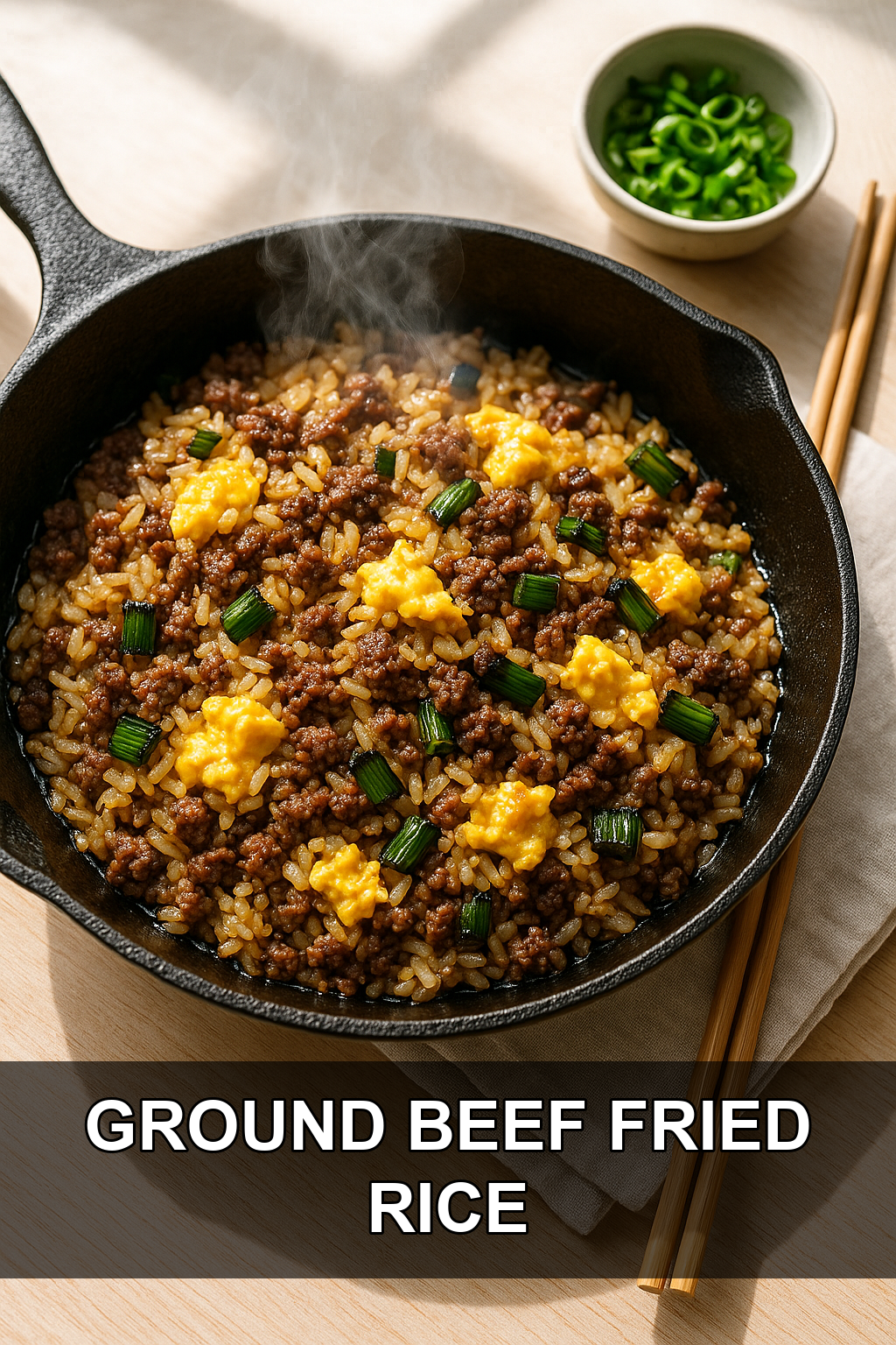 Sizzling Ground Beef Fried Rice with Charred Scallions and Sesame Oil