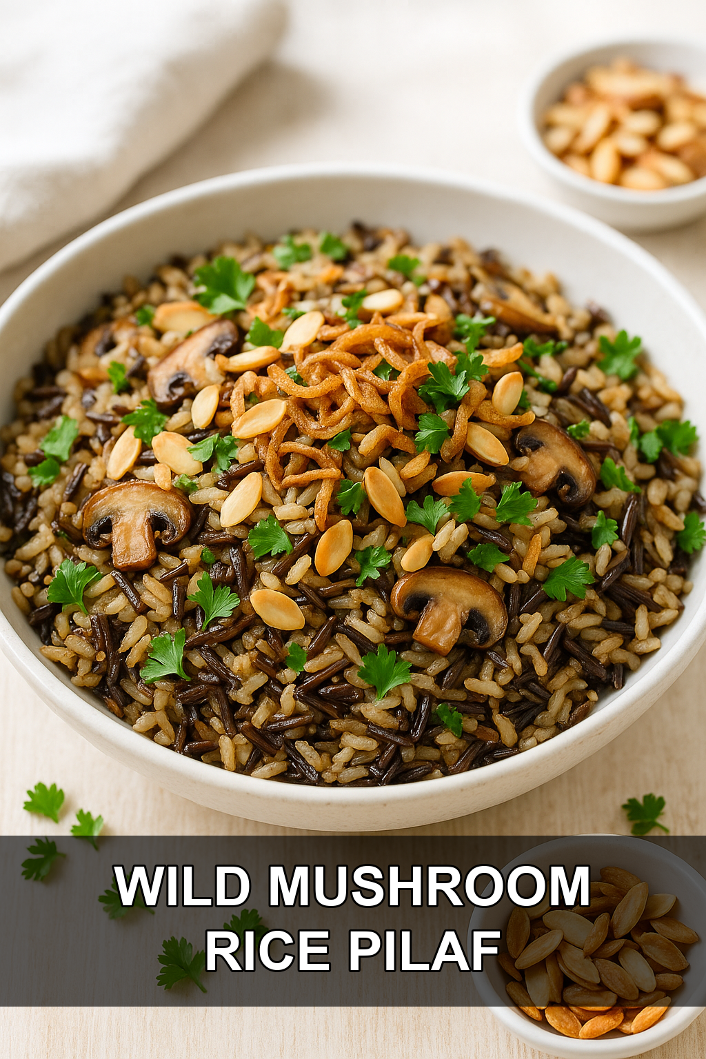 Herbed Wild Mushroom Rice Pilaf with Toasted Almonds and Crispy Shallots