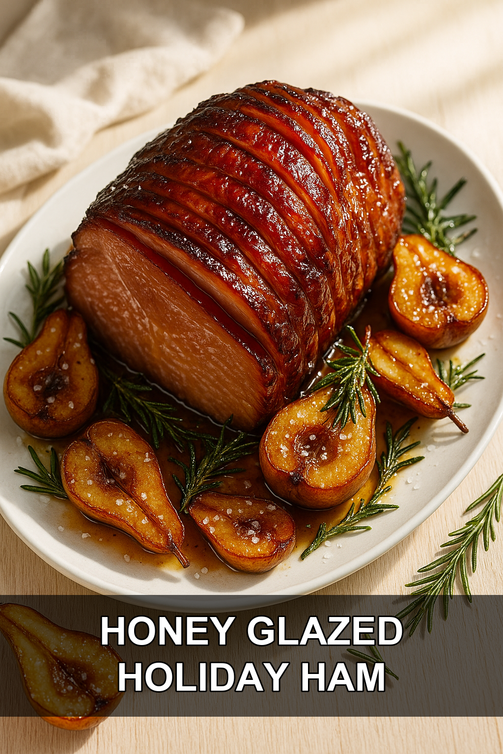 Honey Glazed Ham with Roasted Cinnamon Pears and Crispy Rosemary