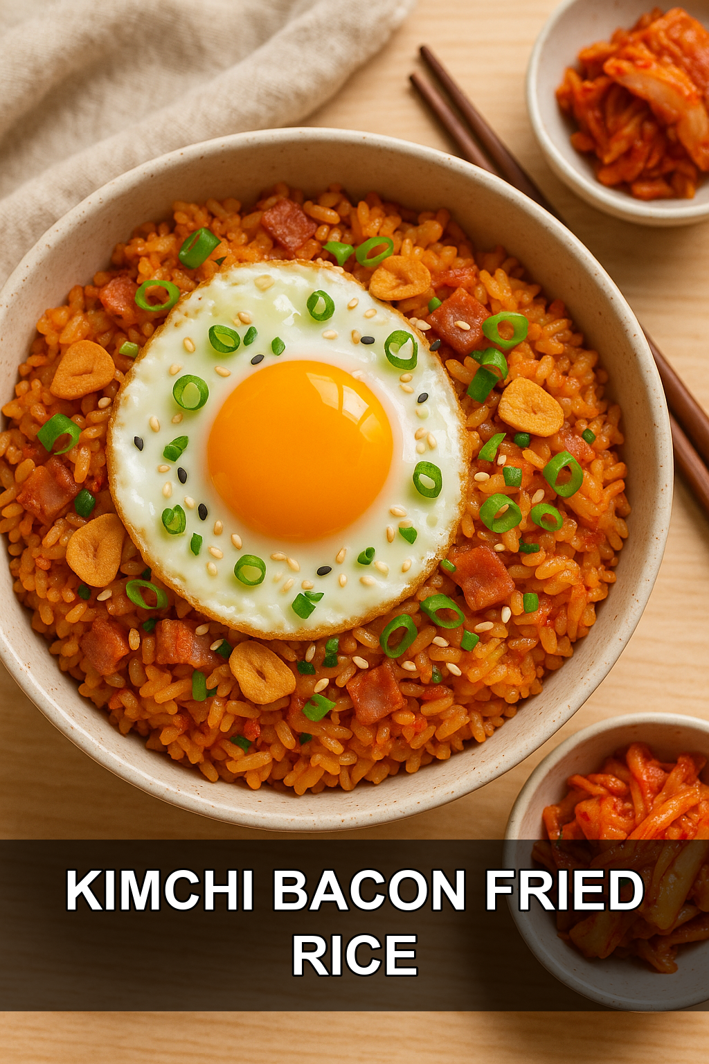 Kimchi Bacon Egg Fried Rice with Crispy Garlic Chips