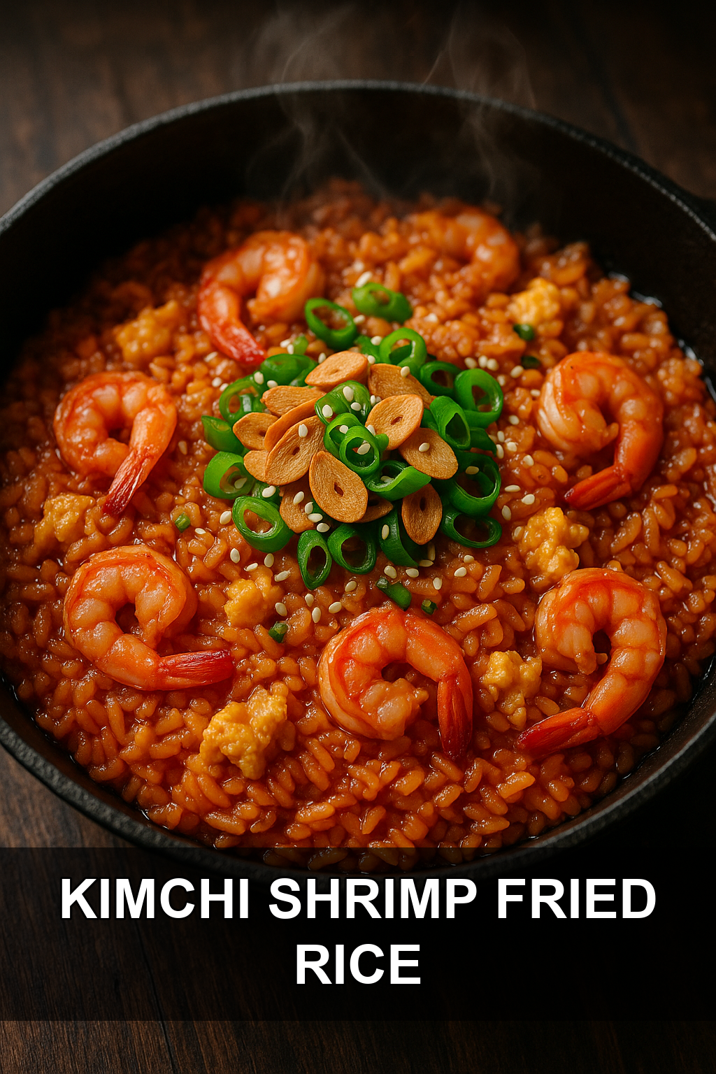 Kimchi Shrimp Fried Rice with Crispy Garlic Chips