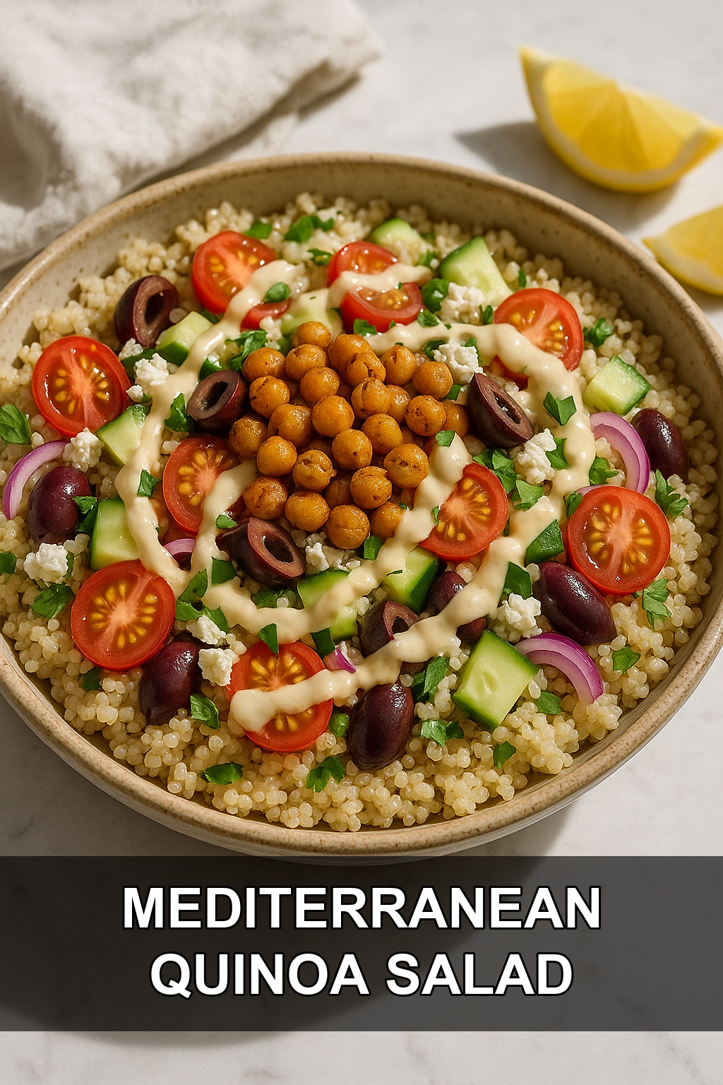 Mediterranean Quinoa Salad with Crispy Chickpeas and Lemon Tahini Dressing