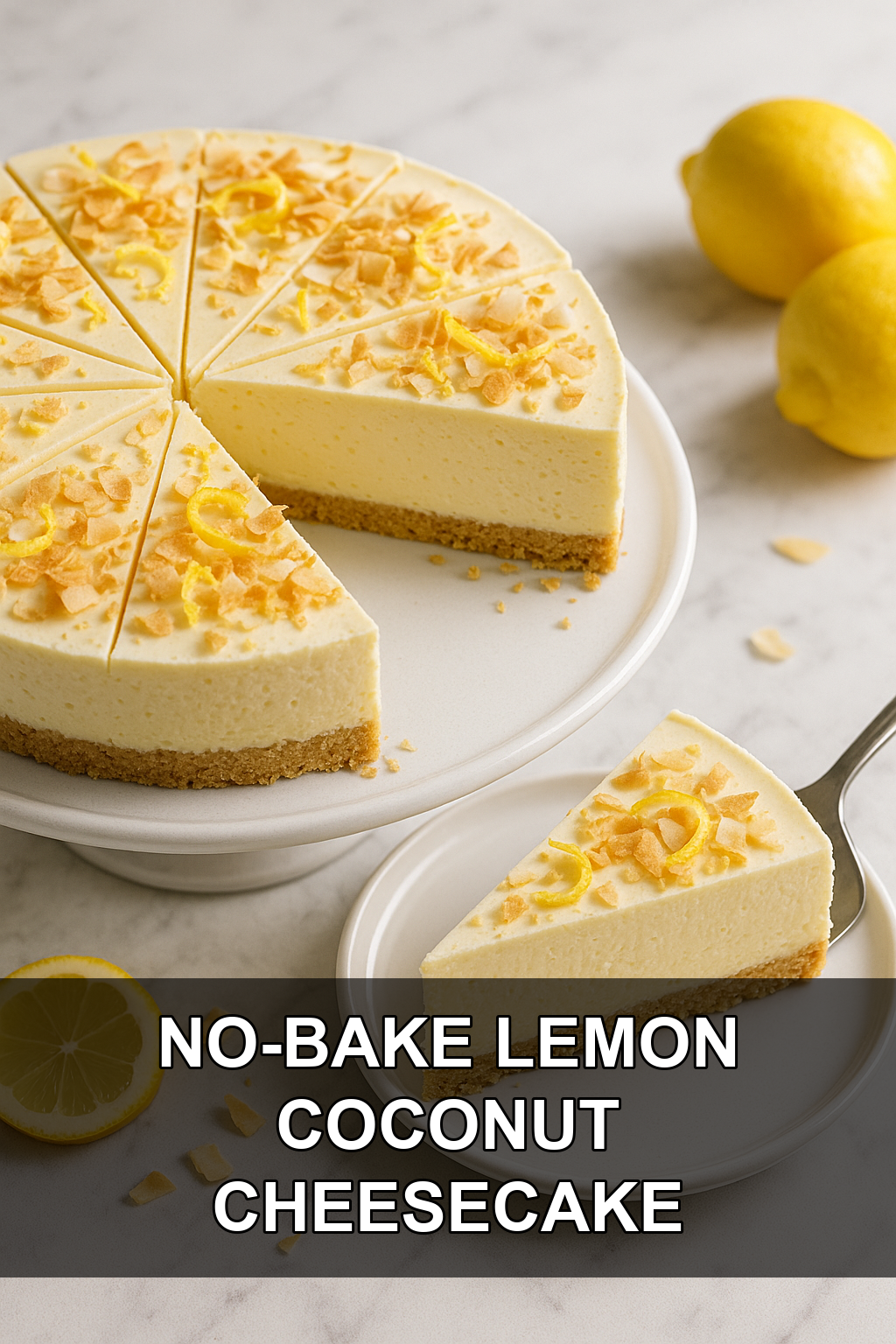 No-Bake Lemon Cheesecake with Buttery Graham Crust and Toasted Coconut Flakes