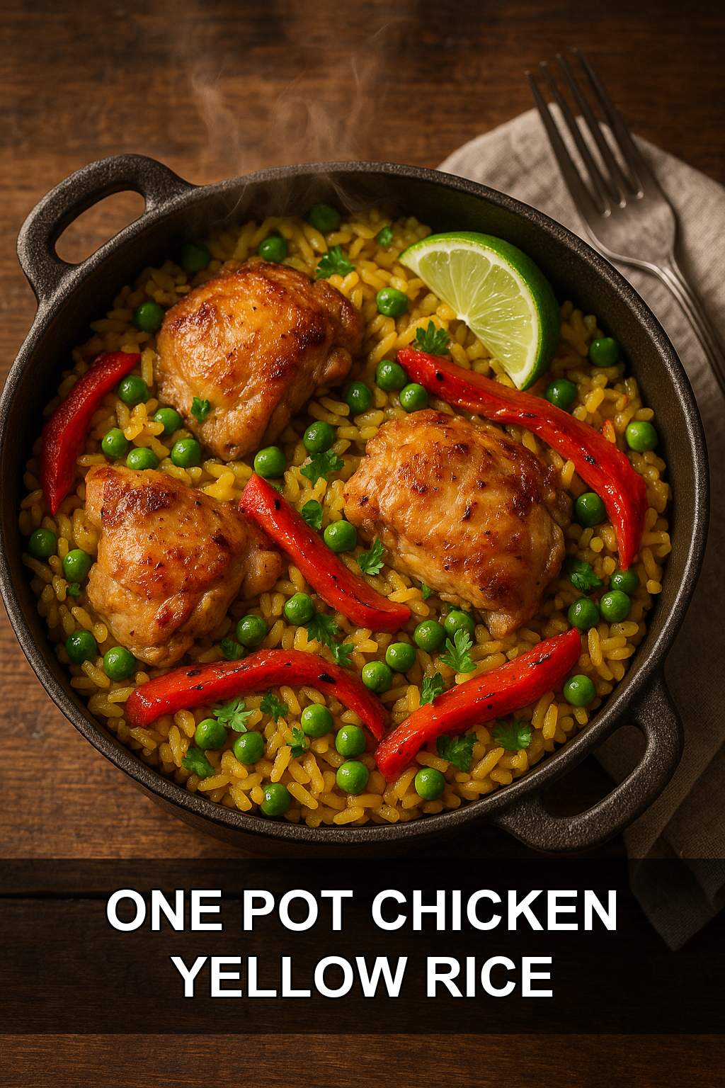 One Pot Chicken Yellow Rice with Sweet Peas and Roasted Red Peppers