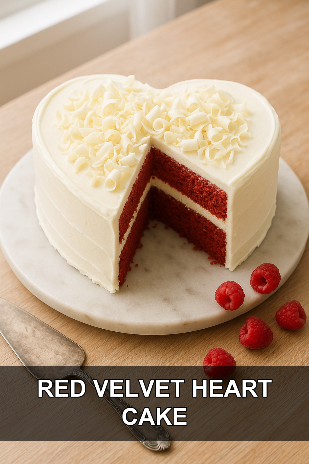Red Velvet Heart Cake with Cream Cheese Frosting and White Chocolate Curls
