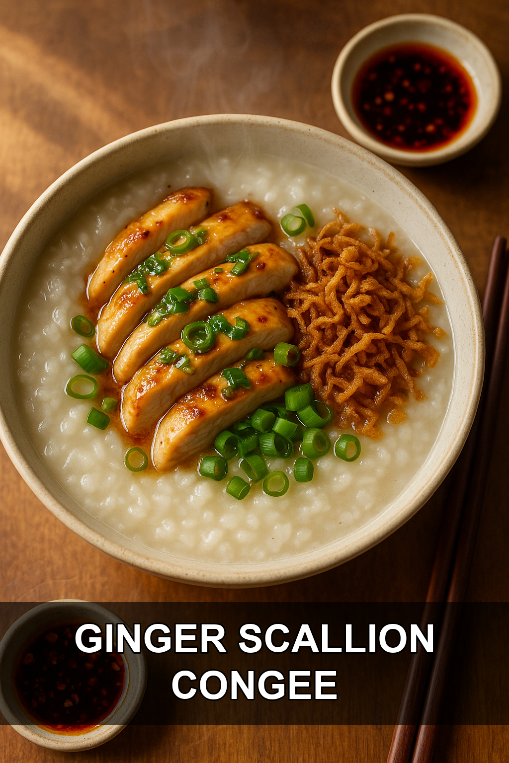 Rice Cooker Congee with Ginger Scallion Chicken and Crispy Shallots
