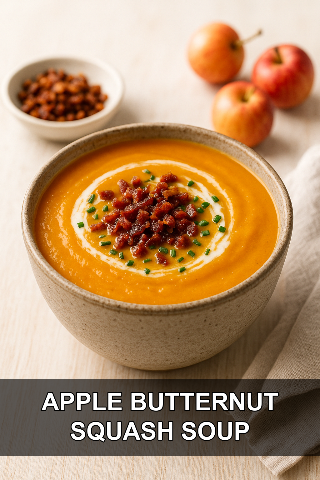 Roasted Apple Butternut Squash Soup with Crispy Bacon Crumble and Chives