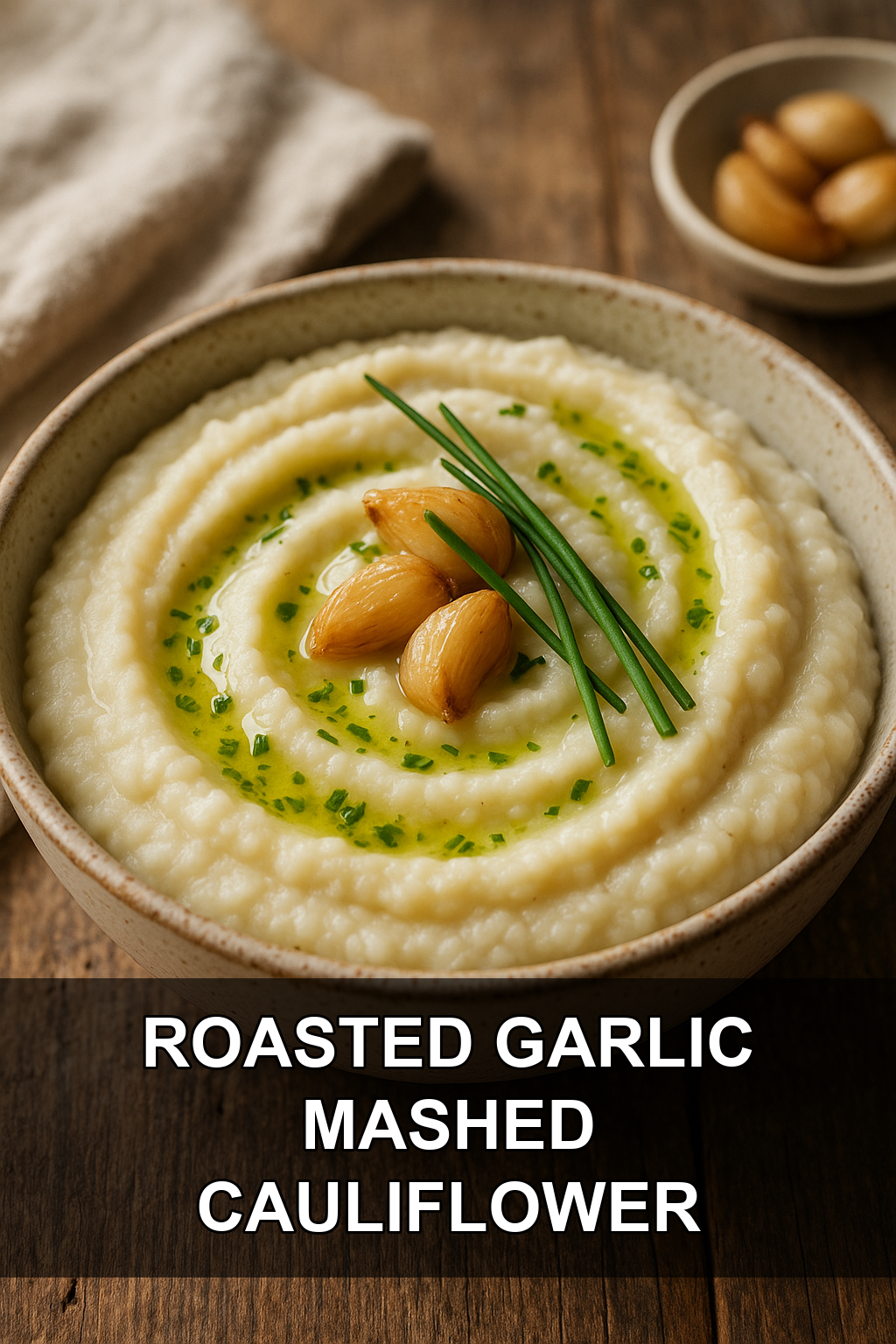 Roasted Garlic Mashed Cauliflower with Chive Olive Oil Drizzle