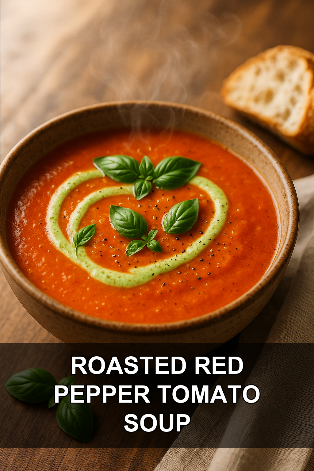 Roasted Red Pepper and Tomato Soup with Basil Cream Drizzle