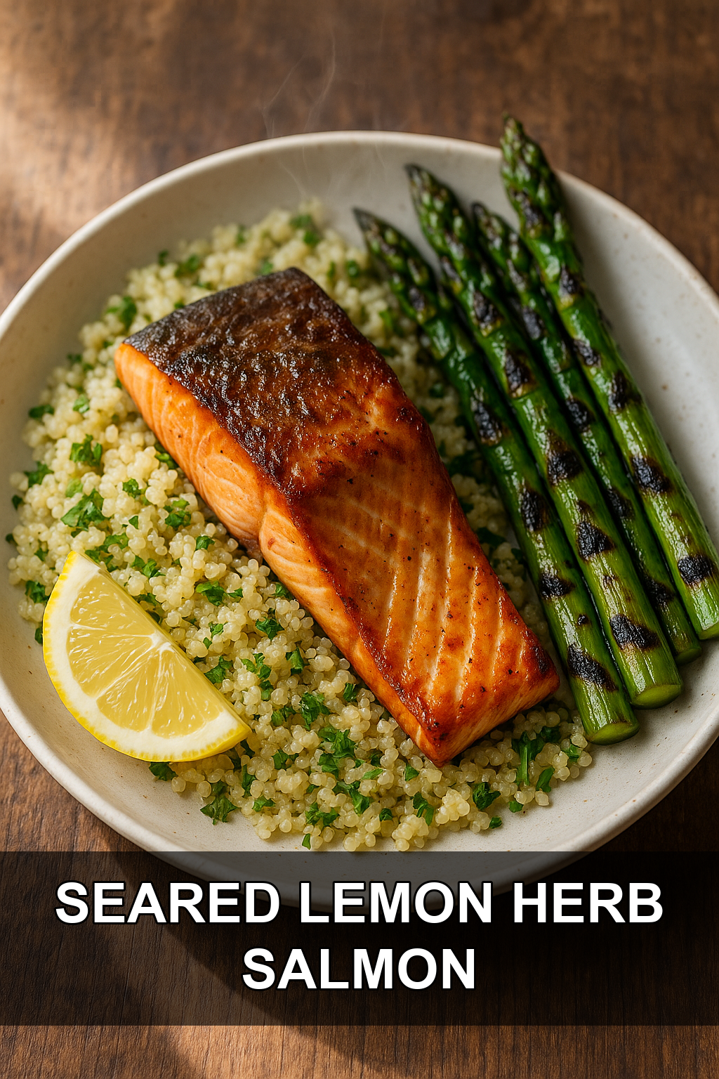 Seared Salmon with Lemon Herb Quinoa and Charred Asparagus