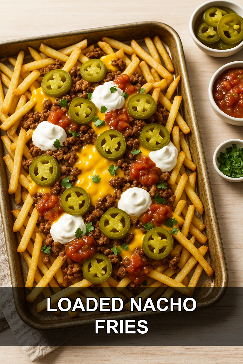 Sheet Pan Ground Beef Nacho Fries with Melted Queso and Pickled Jalapeños