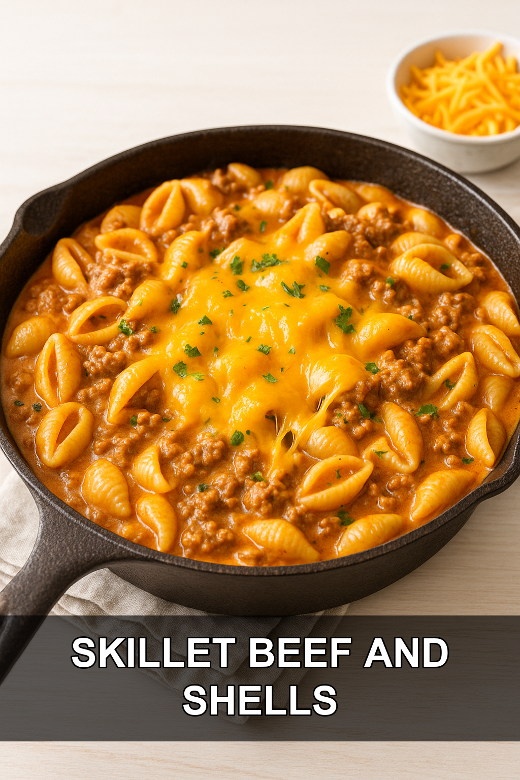 Skillet Beef and Shells with Melted Sharp Cheddar