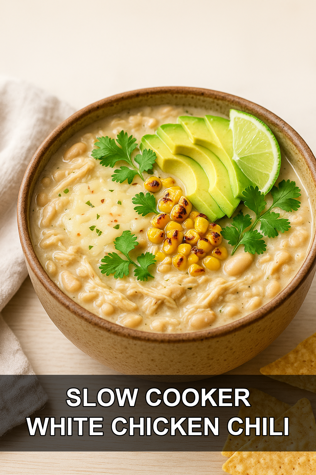 Slow Cooker White Chicken Chili with Charred Corn and Pepper Jack Cheese