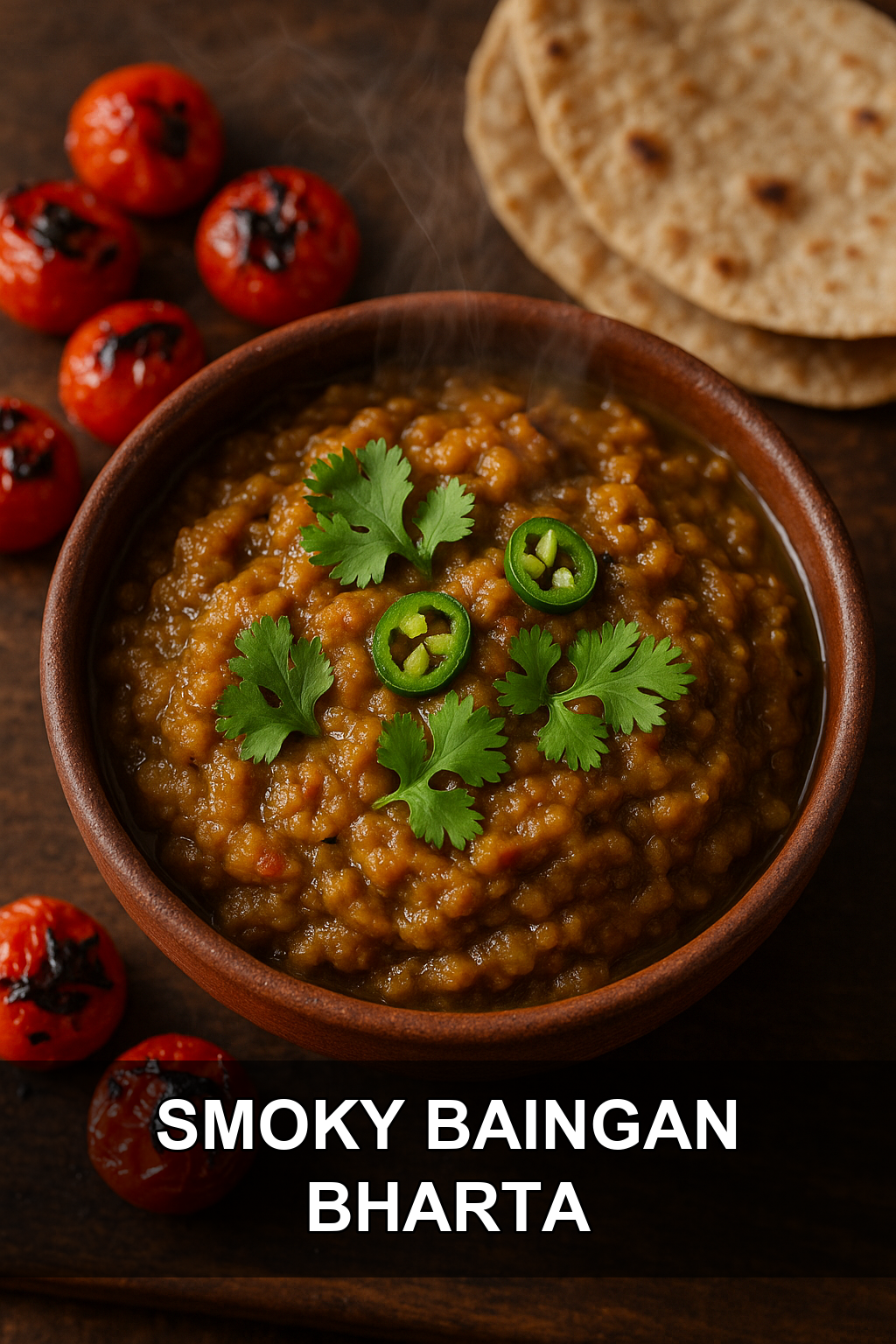 Smoky Baingan Bharta with Charred Tomatoes and Green Chilies